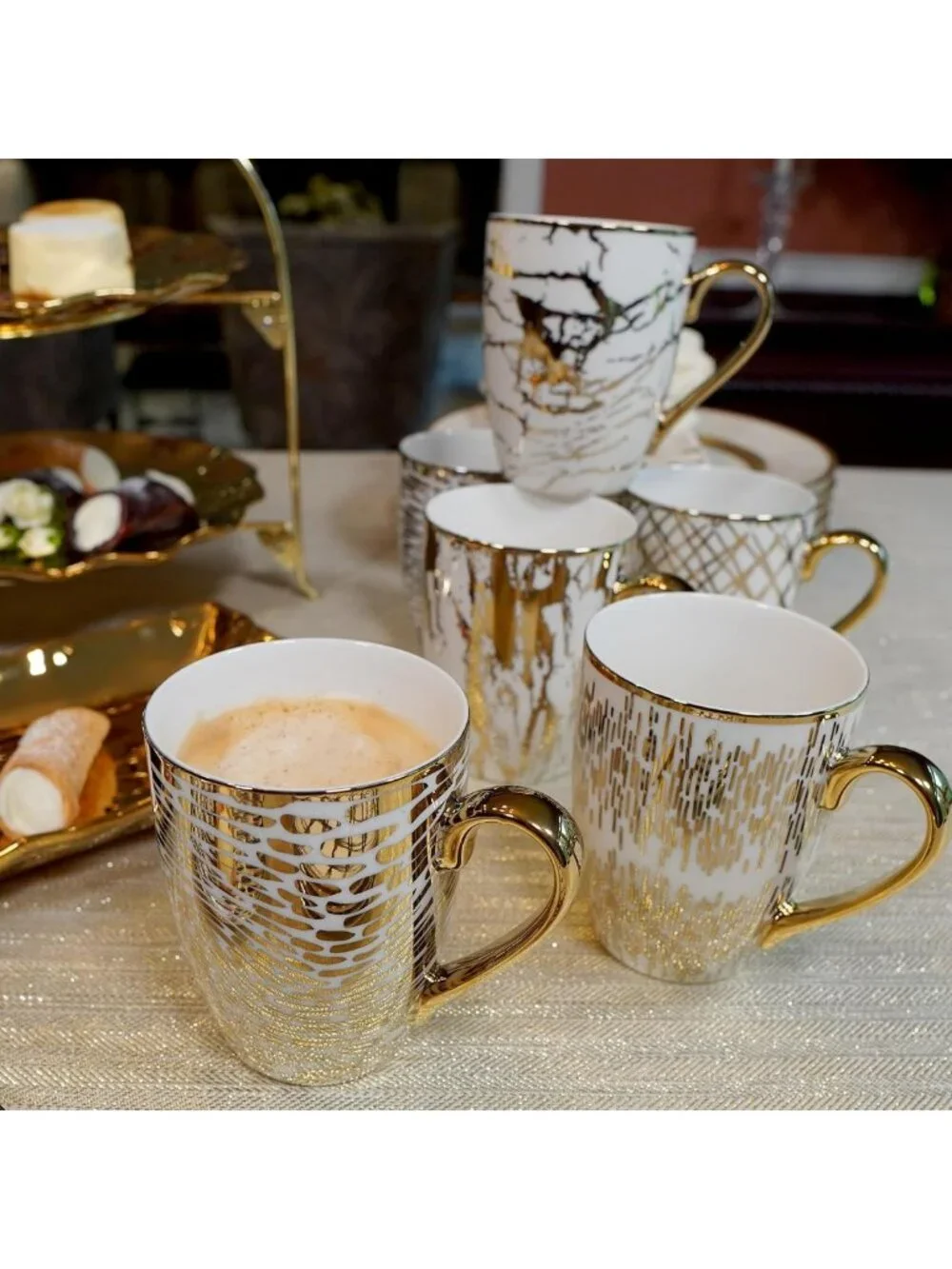 Elegant Gold-Plated Porcelain Coffee & Tea Mug Set - Luxury Drinkware for Dining